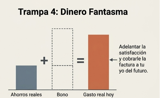 Trampa 4: Dinero fantasma — Ahorros reales + bono prometido = gasto real hoy. Adelantar la satisfacción y cobrarle la factura a tu yo del futuro.